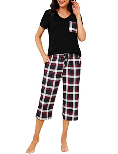 iClosam Pyjama Damen Kurz Schlafanzüge Kurzarm Baumwolle Nachtwäsche Zweiteiliger Top Kurzarm und 3/4 Lang Pyjamahose Karierte V-Ausschnitt Loungewear Set Frauen Freizeitanzug S-XXL von iClosam