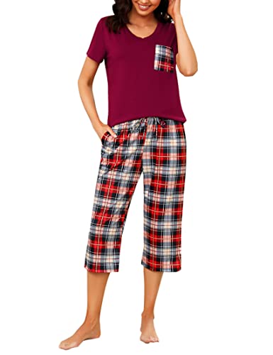 iClosam Damen Pyjama Kurz Schlafanzüge Kurzarm Baumwolle Nachtwäsche Zweiteiliger Top Kurzarm und 3/4 Lang Pyjamahose Karierte V-Ausschnitt Loungewear Set Frauen Freizeitanzug S-XXL von iClosam