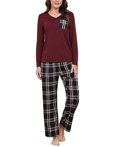 iClosam Schlafanzug Damen Lang Pyjama Set Winter Baumwolle V-Ausschnitt Zweiteiliger Nachtwäsche Langarm Sleepwear und Karierte Pyjamahose Loungewear Freizeitanzug von iClosam