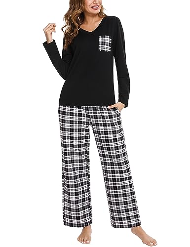 iClosam Schlafanzug Damen Lang Pyjama Set Winter Baumwolle V-Ausschnitt Zweiteiliger Nachtwäsche Langarm Sleepwear und Karierte Pyjamahose Loungewear Freizeitanzug von iClosam