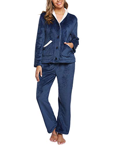 iClosam Schlafanzug Damen Lang Flanell Pyjama Winter Warme Fleece Nachtwäsche Zweiteiliger mit Knöpfen Einfarbiger V-Ausschnitt Pyjamas Set Loungewear Freizeitanzug von iClosam