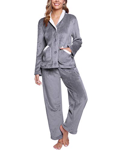 iClosam Schlafanzug Damen Lang Flanell Pyjama Winter Warme Fleece Nachtwäsche Zweiteiliger mit Knöpfen Einfarbiger V-Ausschnitt Pyjamas Set Loungewear Freizeitanzug von iClosam