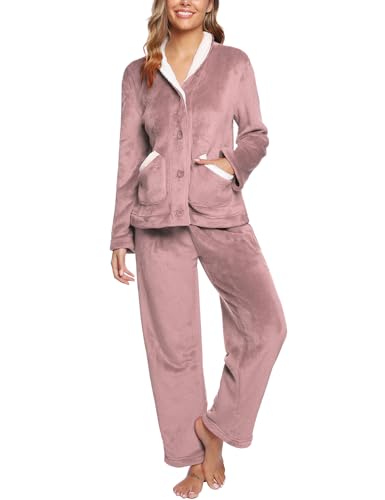 iClosam Schlafanzug Damen Lang Flanell Pyjama Winter Warme Fleece Nachtwäsche Zweiteiliger mit Knöpfen Einfarbiger V-Ausschnitt Pyjamas Set Loungewear Freizeitanzug von iClosam