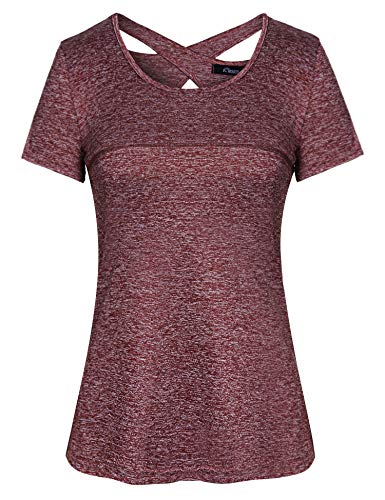 iClosam Damen Sport T-Shirt Running Fitness Laufshirt Kleidung Yoga Top Funktionsshirt Sportshirt Kurzarm Atmungsaktiv (B-Winerot, L) von iClosam