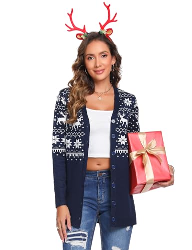 iClosam Damen Strickjacke Weihnachten Cardigan Weihnacht V Ausschnitt mit Knopf Rentiermuster Weihnachtsjacke Lang Strick Weihnachtspulli Langarm mit Schneeflockenmuster von iClosam