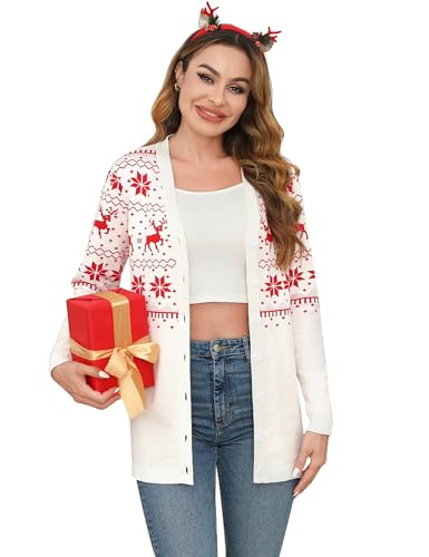 iClosam Damen Strickjacke Weihnachten Cardigan Weihnacht V Ausschnitt mit Knopf Rentiermuster Weihnachtsjacke Lang Strick Weihnachtspulli Langarm mit Schneeflockenmuster von iClosam