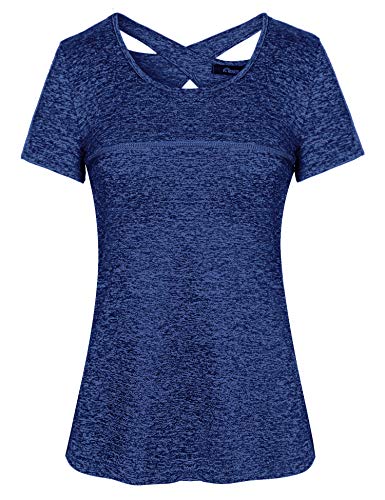 iClosam Damen Sport T-Shirt Running Fitness Laufshirt Kleidung Yoga Top Funktionsshirt Sportshirt Kurzarm Atmungsaktiv (B-Dunkelblau, L) von iClosam