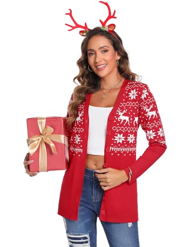 iClosam Damen Strickjacke Weihnachten Cardigan Weihnacht V Ausschnitt mit Knopf Rentiermuster Weihnachtsjacke Lang Strick Weihnachtspulli Langarm mit Schneeflockenmuster von iClosam