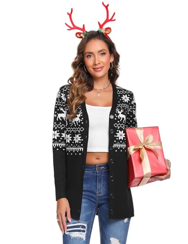 iClosam Damen Strickjacke Weihnachten Cardigan Weihnacht V Ausschnitt mit Knopf Rentiermuster Weihnachtsjacke Lang Strick Weihnachtspulli Langarm mit Schneeflockenmuster von iClosam