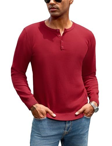 iClosam Henley Pullover Herren 1/4 Knöpfen Rundhalspullover Standard Fit Strickpullover Langarm Winter Baumwollpulli Feinstrick Sweater Männer,Date Rot,L von iClosam