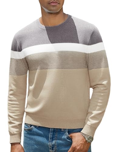 iClosam Herren Gestreifter Pullover Crew Neck Langarmpullover Basic Strickpullover Standard Fit Winterpullover Casual Pulli Herren,Apricot,L von iClosam