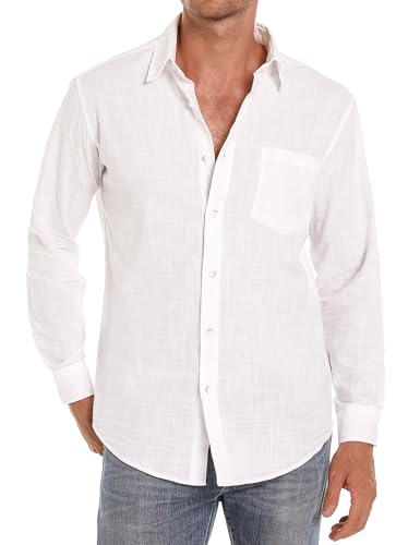 iClosam Freizeithemd Herren Langarm Hemd Baumwolle Herrenhemden Basic Langarmhemd Button Down Hemdem Casual Men Shirts mit Tasche Weiß,L von iClosam