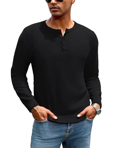 iClosam Herren Henley Strickpullover Baumwollmischung Winter Pullover Männer Rundhals Herren Pulli mit Knopfleiste Regular Fit,Bequem und Pflegeleicht,Schwarz,XL von iClosam