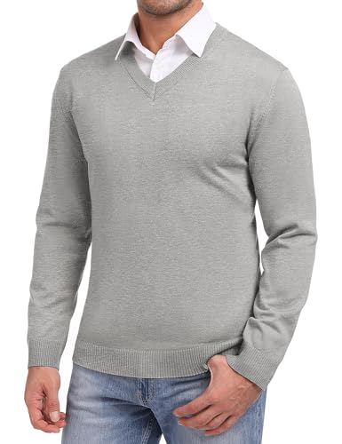 iClosam Herren Pullover Winterpullover Strick Pullover Männer Langarm V-Ausschnitt-Pulli Slim Fit Hellgrau L von iClosam