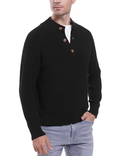 iClosam Herren Pullover Freizeit Strickpullover Stehkragen Männer Sweater Grobstrick Slim fit Pullover mit Knöpfen，Schwarz,L von iClosam