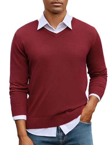 iClosam Herren Pullover V Ausschnitt Winter Strickpullover Langarm Sweater Männer Baumwollpullover mit Kontrastfarbener Ausschnitt Freizeit Pulli Herren,Rot,S von iClosam