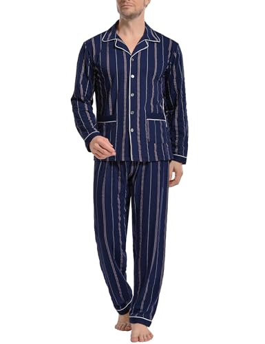iClosam Pyjama Herren Lang Baumwolle Schlafanzug Zweiteiliger Gestreift Schlafanzüge Langarm mit Knöpfen Nachtwäsche Set V-Ausschnitt Männer Hausanzug Freizeitanzug M von iClosam
