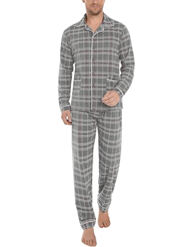 iClosam Herren Pyjama Lang Schlafanzug Langarm mit Knopfleiste Baumwolle Herrenschlafanzug Winter Kariert Männer Loungewear Nachtwäsche V-Ausschnitt Loungewear von iClosam