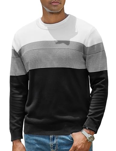 iClosam Herren Rundhals Pullover Gestreifter Langarmpullover Baumwoll-Mix Winterpullover Klassischer Pulli, Regular Fit Strickpullover,Schwarz,2XL von iClosam