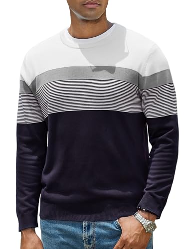iClosam Herren Streifenpullover Langarm Rundhalspullover Herren Winter Pullover Regular Fit Sweater Basic Männer Pulli mit Rippstrick,Marineblau,3XL von iClosam