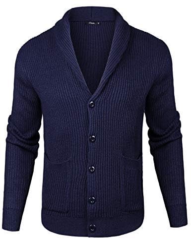 iClosam Herren Strickjacke Mit Schalkragen Pullover V Ausschnitt Strick Langarm Revers Hals Strickmantel mit Taschen, Blau, M von iClosam