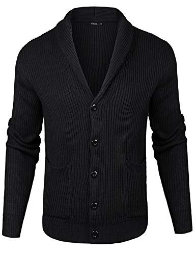 iClosam Herren Strickjacke Mit Schalkragen Pullover V Ausschnitt Strick Langarm Revers Hals Strickmantel mit Taschen, Schwarz, XL von iClosam