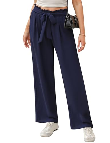 iClosam Hose Damen Weites Bein Locker Weite Hose Damen High Waist Sommerhose Damen Leicht Plissee Hose Damen Anzughose Damen Weites Bein Damenhose mit Weitem Bein Navy blau-L von iClosam