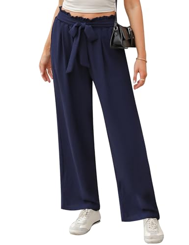 iClosam Stoffhose Damen Sommer Flowy Wide Leg Freizeithose Casual Beach Strandhose High Waisted Kordelzug Palazzo Hosen mit Taschen Halara Hosen Lang Weite Hose Navy blau L von iClosam