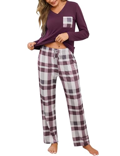 iClosam Karierte Pyjama Damen Lang Schlafanzug mit V-Ausschnitt Nachtwäsche Zweiteiliger Top Langarm und Pyjamahose Lang Baumwolle Schlafanzüge für Winter Sleepwear von iClosam