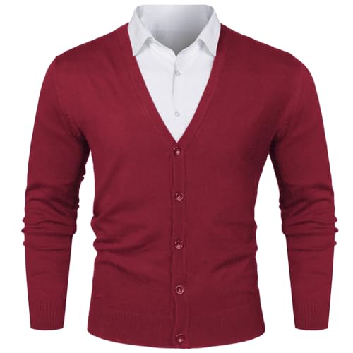 iClosam Herren Strickjacke Cardigan Mit V-Ausschnitt Aus Baumwolle, Grau-Rot von iClosam