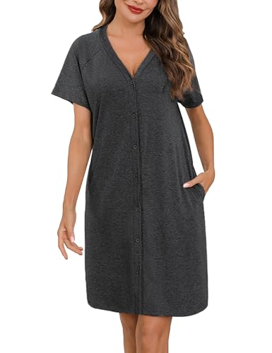 iClosam Nachthemd Damen Kurzarm Nachtwäsche Baumwolle mit Knöpfen Nachtkleid Kurz mit V-Ausschnitt Loungewear für Frauen Sleepwear Bequeme Sleepshirt Knopfleiste S-XXL von iClosam