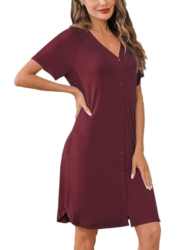 iClosam Nachthemd Damen Kurzarm Nachtwäsche Baumwolle mit Knöpfen Nachtkleid Kurz mit V-Ausschnitt Loungewear für Frauen Sleepwear Bequeme Sleepshirt Knopfleiste S-XXL von iClosam