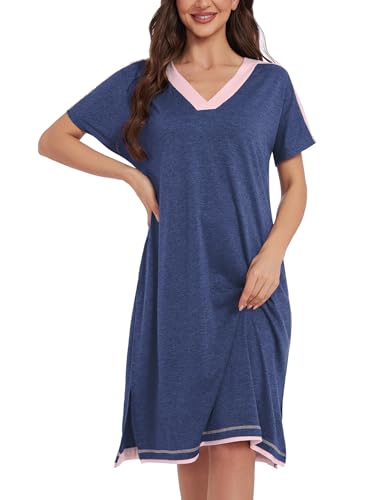 iClosam Nachthemd Damen Lange Nachthemden Kurzarm Nachtkleid Bequeme Nachtwäsche V-Ausschnitt Kontrastfarbe Schlafshirt Sleepshirt Weiche Sleepwear mit Taschen S-XXL von iClosam