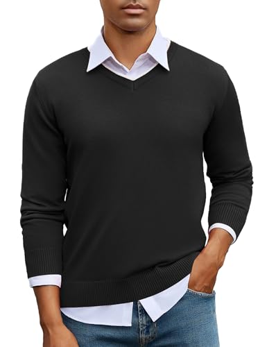 iClosam Pullover Herren mit V Ausschnitt Winter Strickpullover Baumwoll Langarmpullover Pulli Rippstrick Gestrickter Sweater Regular Fit Herrenpullover,Schwarz,2XL von iClosam