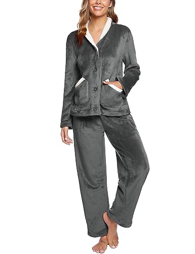 iClosam Flanell Pyjamas Lang Damen Schlafanzug mit V-Ausschnitt Nachtwäsche Zweiteiliger Fleece mit Knöpfen Schlafanzüge für Winter Loungewear Sleepwear Freizeitanzug von iClosam