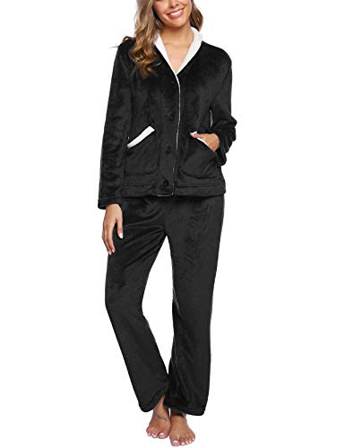 iClosam Nachtwäsche Damen Lang Flanell Schlafanzug Winter Fleece Zweiteiler Pyjama mit V-Ausschnitt Warme Schlafanzüge Set Langarm Loungewear mit Knöpfen von iClosam