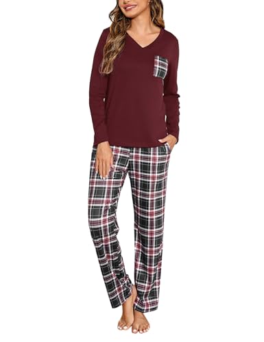 iClosam Pyjama Damen Lang Schlafanzug Set Winter Baumwolle V-Ausschnitt Zweiteiliger Pyjamas Langarm Sleepwear und Karierte Pyjamahose Hausanzug Freizeitanzug von iClosam
