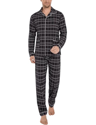 iClosam Pyjama Herren Lang Schlafanzug Winter Baumwolle Herrenschlafanzug Langarm Kariert Männer Loungewear Nachtwäsche V-Ausschnitt Pijamas Winter mit Knopfleiste von iClosam