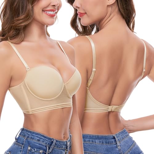 iClosam Rückenfreier BH Damen mit Bügel Rückenfrei Bralette Spitze Tiefen V-Ausschnitt BHS Push Up mit Niedrigem Rücken für Frauen Körbchen-BH U-förmiger Rücken Invisible Unterwäsche von iClosam