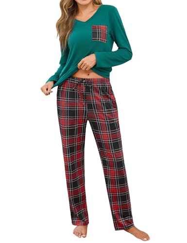 iClosam Schlafanzüge Damen für Winter Pyjamas Baumwolle mit V-Ausschnitt Nachtwäsche Zweiteiliger Langarm Schlafanzüge Set Karierte Loungewear Sleepwear Freizeitanzug von iClosam
