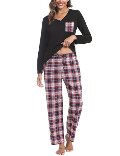 iClosam Schlafanzug Damen Baumwolle Pyjama Set Lang Zweiteiliger Nachtwäsche Langarm Sleepwear und Karierte Pyjamahose Hausanzug Freizeitanzug Loungewear für Winter von iClosam