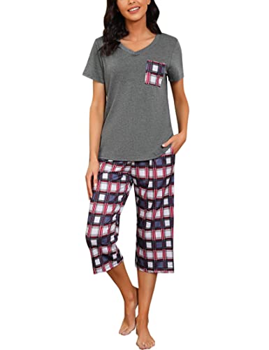 iClosam Damen Karierte Pyjama Set Schlafanzug Baumwolle Zweiteilige Nachtwäsche Hausanzug Sleepwear, Kurzärmel Shirt + 3/4 Hose von iClosam