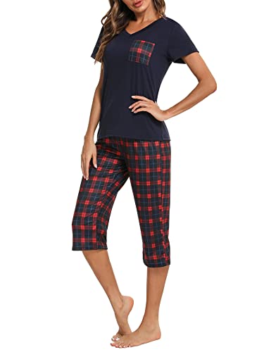 iClosam Schlafanzug Damen Kurz Pyjama Kurzarm Baumwolle Frauen V-Ausschnitt Nachtwäsche Set Zweiteiliger Top Kurzarm und 3/4 Lang Karierte Pyjamahose Loungewear Freizeitanzug für Sommer von iClosam