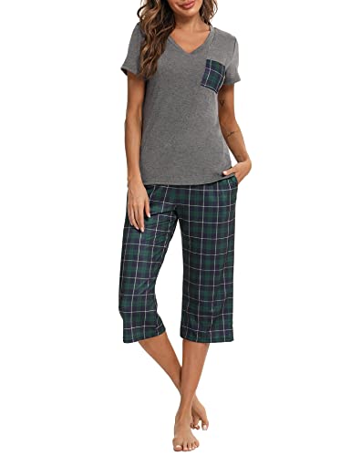 iClosam Schlafanzug Damen Kurzarm Pyjama Kurz Sommer Baumwolle Zweiteiliger Nachtwäsche Set Karierte Kurzer Loungewear V-Ausschnitt Nachthemd Kurzärmeliges Hausanzug Sleepwear von iClosam