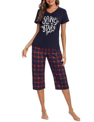 iClosam Schlafanzug Damen Kurzarm Pyjama Kurz Sommer Baumwolle Zweiteiliger Nachtwäsche Set Karierte Kurzer Loungewear V-Ausschnitt Nachthemd Kurzärmeliges Hausanzug Sleepwear von iClosam