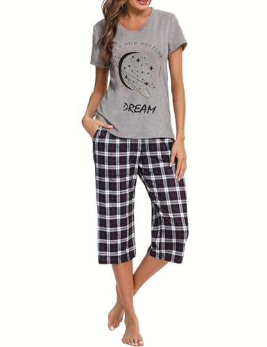 iClosam Schlafanzug Damen Kurz Pyjama Kurzarm Baumwolle V-Ausschnitt Nachtwäsche Set Zweiteiliger Top Kurzarm und 3/4 Lang Karierte Pyjamahose Loungewear Freizeitanzug für Sommer von iClosam