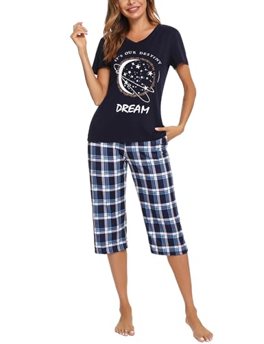 iClosam Schlafanzug Damen Kurz Pyjama Kurzarm Baumwolle V-Ausschnitt Nachtwäsche Set Zweiteiliger Top Kurzarm und 3/4 Lang Karierte Pyjamahose Loungewear Freizeitanzug für Sommer von iClosam