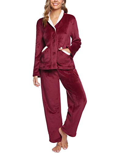 iClosam Pyjama Damen Lang Flanell Schlafanzug Winter Warme Fleece Nachtwäsche Zweiteiler mit Knöpfen V-Ausschnitt Schlafanzüge Set Langarm Loungewear mit Taschen von iClosam