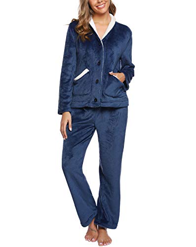 iClosam Schlafanzug Damen Lang Flanell Winter Nachtwäsche Warme Fleece Zweiteiliger Pyjamas mit Knöpfen Einfarbiger V-Ausschnitt Pyjama Set Loungewear Freizeitanzug von iClosam