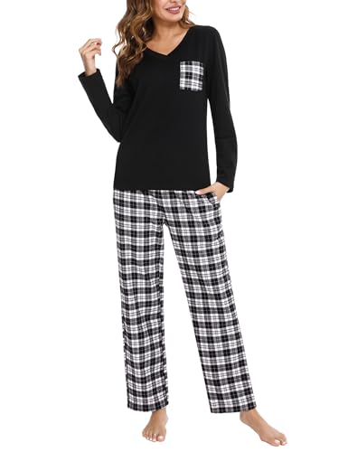 iClosam Schlafanzug Lang Damen Pyjama Langarm mit V-Ausschnitt Nachtwäsche Zweiteiliger Baumwolle Schlafanzüge Karierter für Winter Loungewear Set Frauen Freizeitanzug von iClosam